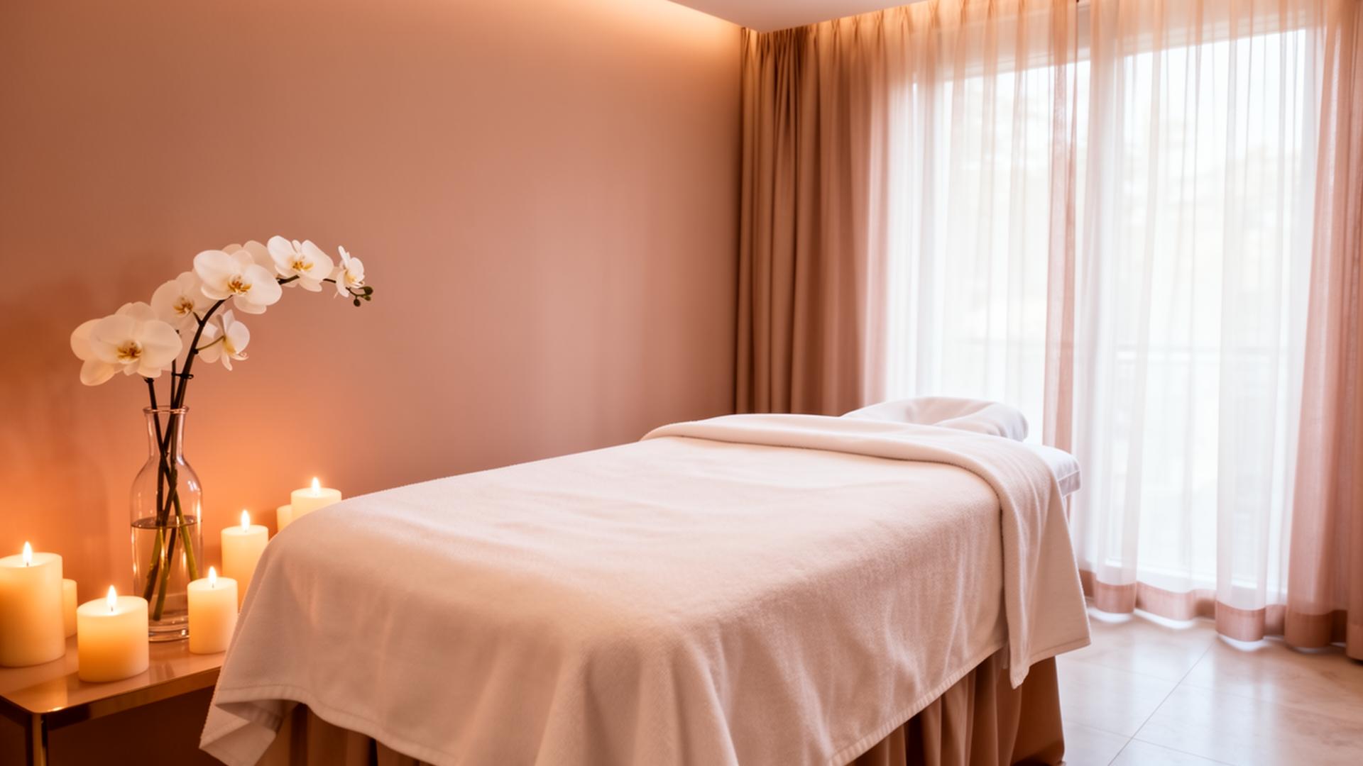 Serene luxury spa treatment room with soft candlelight and orchids